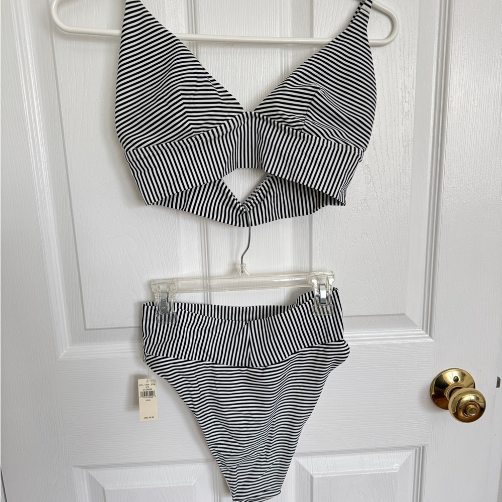 NWT Aerie Black & White Striped High Waist Swim Suit with Triangle Top